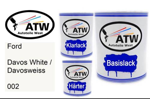 Ford, Davos White / Davosweiss, 002: 1L Lackdose + 1L Klarlack + 500ml Härter - Set, von ATW Autoteile West.
